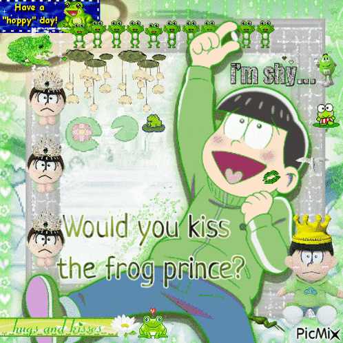 a picture of a boy with frogs and the words would you kiss the frog prince