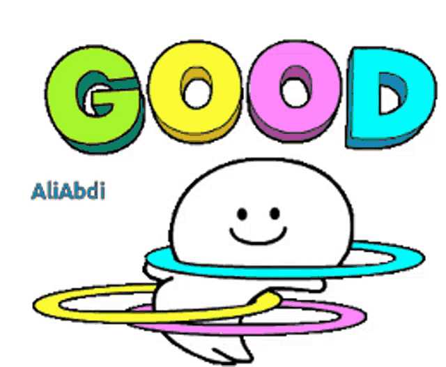 a cartoon character is holding a hula hoop and the word good is above it