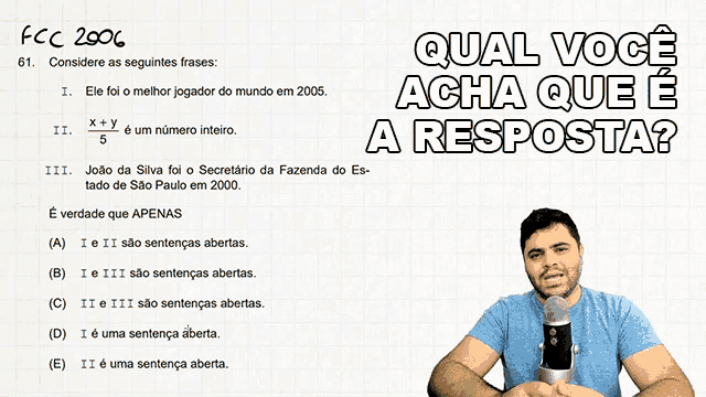 a man is holding a microphone in front of a paper that says qual voce acha que e a respostas