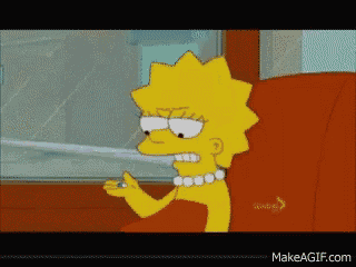 a cartoon character from the simpsons is sitting in front of a window and holding a pill in her hand