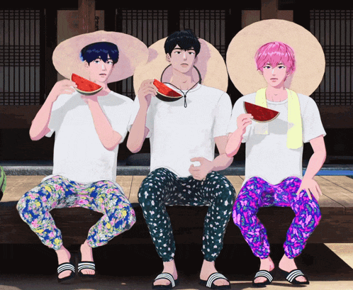 three young men are eating watermelon and wearing hats