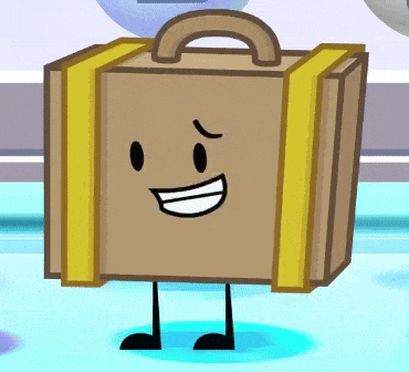 a cartoon drawing of a suitcase with a smiling face and legs
