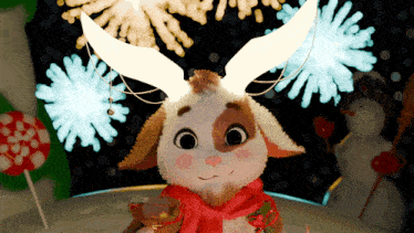 a cartoon reindeer holding a martini glass in front of snowflakes