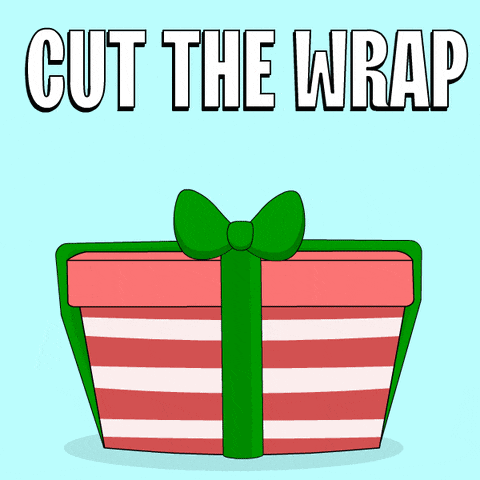 a red and white striped gift box with a green bow and the words cut the wrap above it