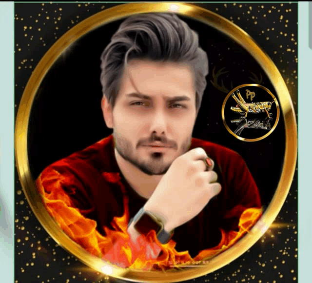 a picture of a man in a gold circle with the letter p on the bottom