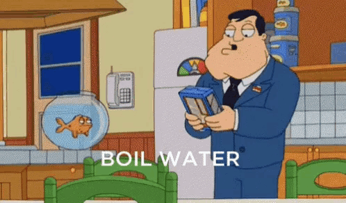 a cartoon of a man in a suit holding a box of boil water