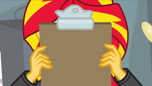 sunset shimmer from my little pony equestria girls holds a clipboard in front of her face
