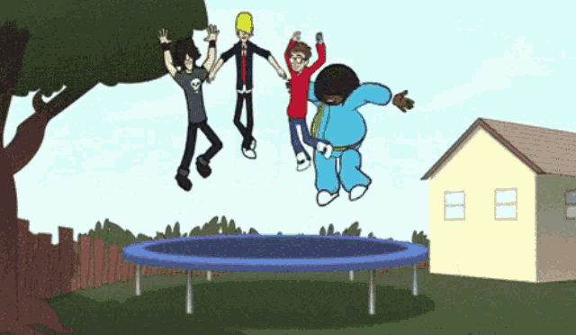 a group of cartoon characters jumping on a trampoline
