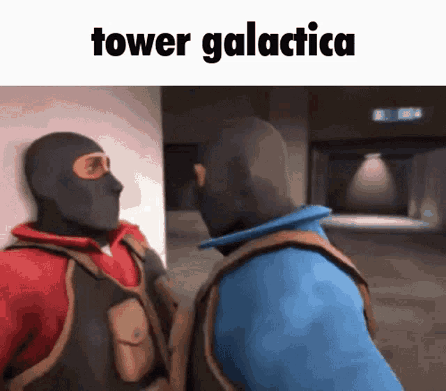 two men in ski masks are standing next to each other in a hallway .