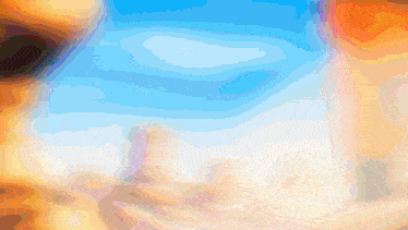 a colorful painting of a person 's face with a blue sky behind them