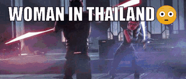 a woman in thailand is holding a lightsaber in her hand