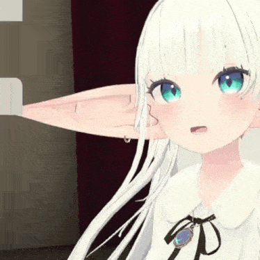 a 3d anime girl with long white hair and blue eyes has a large ear .