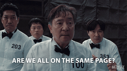 a group of men standing next to each other with one saying are we all on the same page netflix