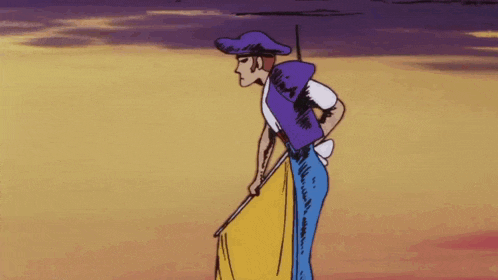 a cartoon drawing of a man holding a yellow flag