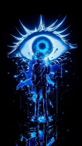 a person is standing in front of a large blue eye .