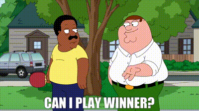 two cartoon characters standing next to each other with the words can i play winner
