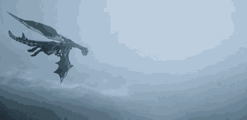 a dragon is flying through the air in a foggy day .