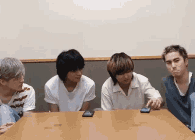 a group of young men are sitting at a table with cell phones .
