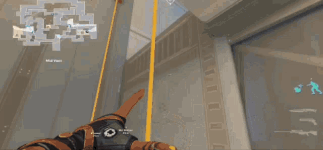 a person is holding a gun in a video game with a map in the background .