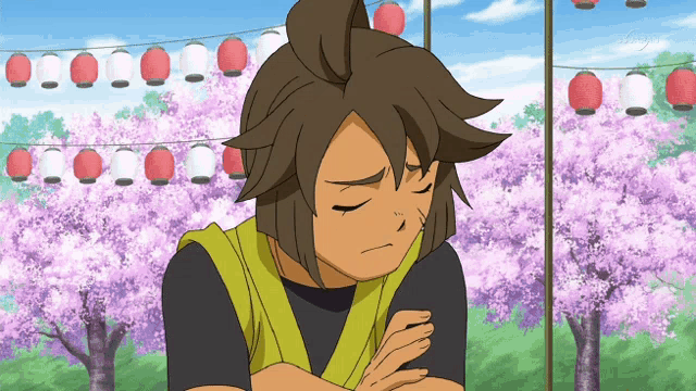 a cartoon character with a sad look on his face in front of cherry blossoms