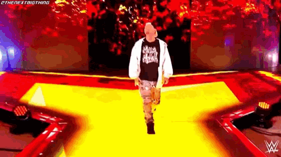 a wrestler is walking on a stage wearing a t-shirt that says `` heavy metal '' .