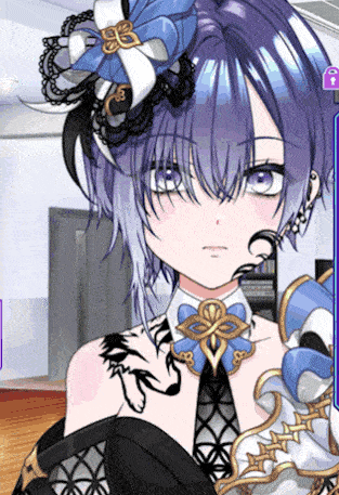 a purple haired anime girl with a blue flower in her hair