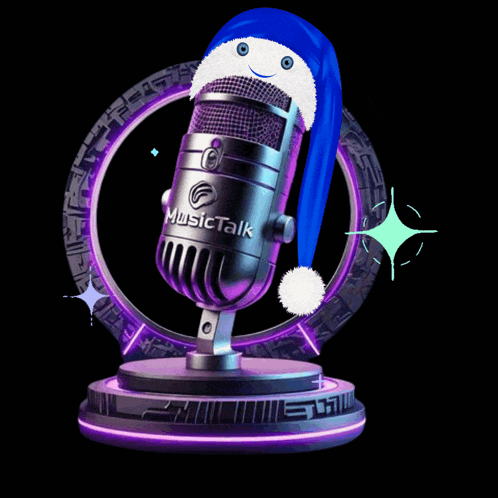 a microphone with music talk written on it and a santa hat on it