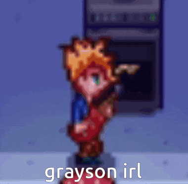 a pixel art drawing of a boy holding a guitar with the name grayson irl written below him