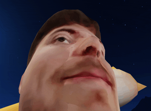 a close up of a man 's face with a blue sky behind him