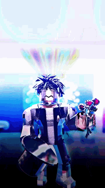a roblox character holding a bunch of roses and a skateboard