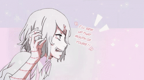 a drawing of a girl with the words " i 'll sew up that mouth of yours " on it