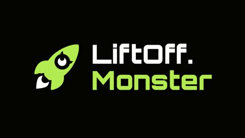 a logo for liftoff monster shows a green rocket