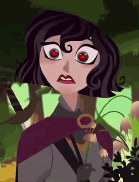 a cartoon character with red eyes is holding a flower and making a funny face .
