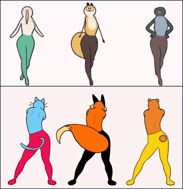 a cartoon of a fox a cat and a bear dancing