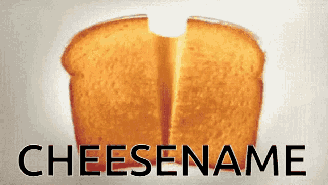 a slice of bread that has been cut in half with the word cheesename written above it