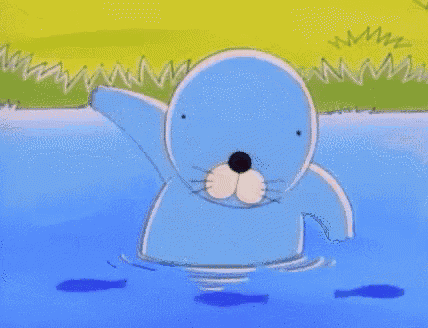 a cartoon dolphin is swimming in a body of water with a ball in its mouth .