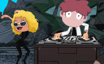 a cartoon of a woman dancing next to a man playing music