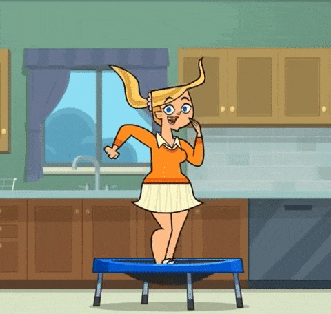 a cartoon girl is jumping on a blue trampoline in a kitchen