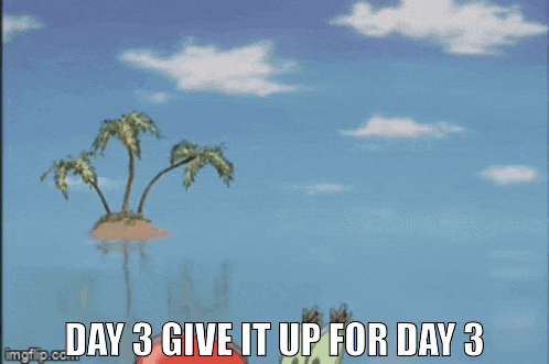 a cartoon of a crab with the words `` day 3 give it up for day 3 '' written on it .