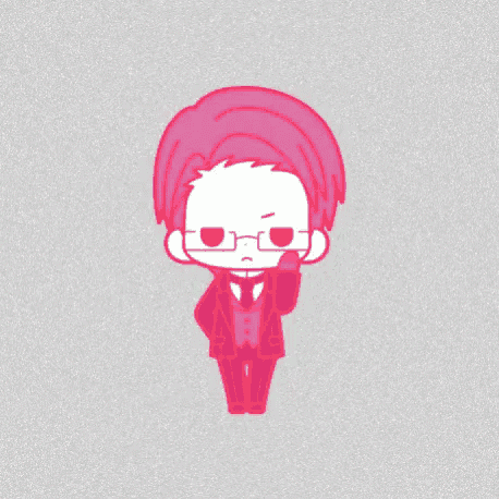 a cartoon drawing of a man in a suit with pink hair