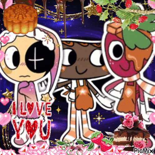 a picture of three cartoon characters with the words i love you on the bottom right