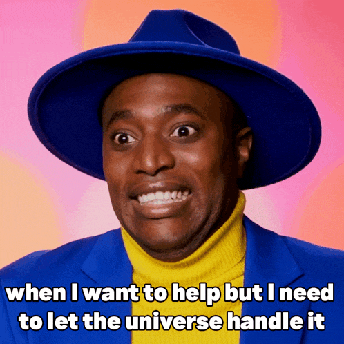 a man wearing a blue hat and a yellow turtleneck says when i want to help but