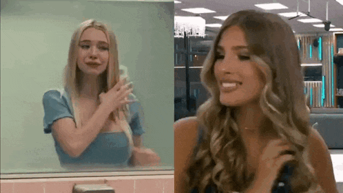 two women are standing next to each other in front of a mirror . one of the women is crying and the other is smiling .