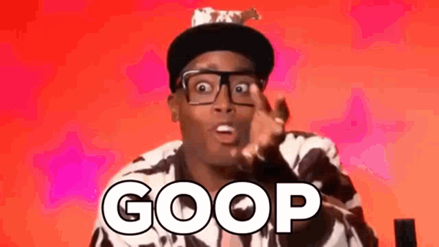 a man wearing glasses and a hat says goop on a red background .