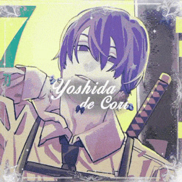 a drawing of a boy with purple hair and the name yoshida de cork