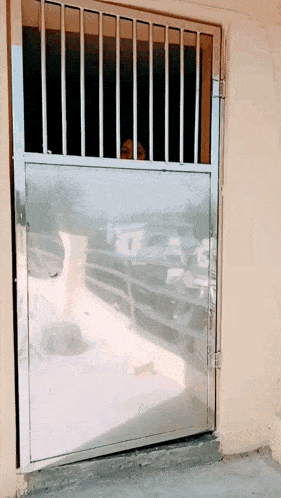 a stainless steel door with a reflection of a person behind it