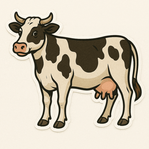 a sticker of a brown and white cow with horns on a white background
