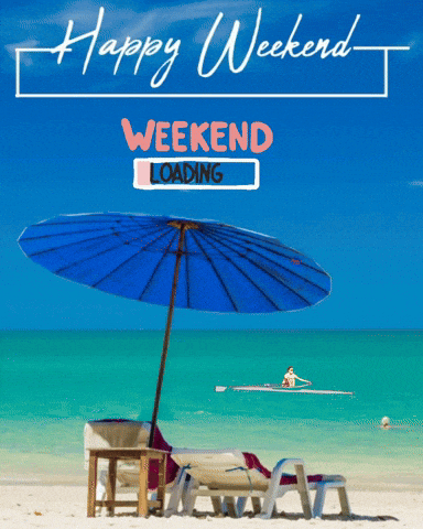 a blue umbrella on a beach with the words happy weekend weekend loading behind it