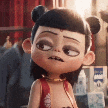 a cartoon character is making a funny face while standing in front of a window .