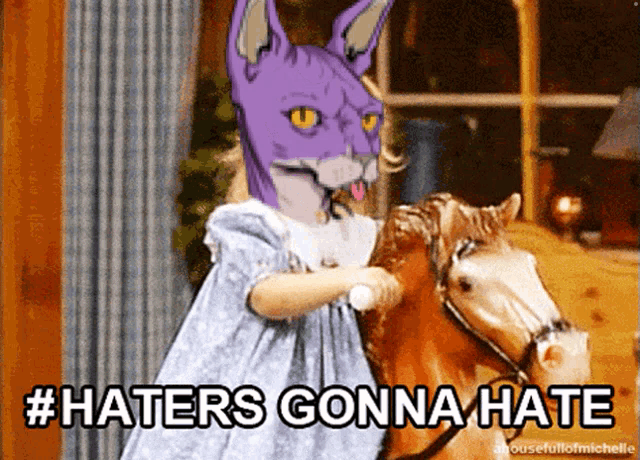 a cartoon of a girl riding a rocking horse with the words #haters gonna hate below her